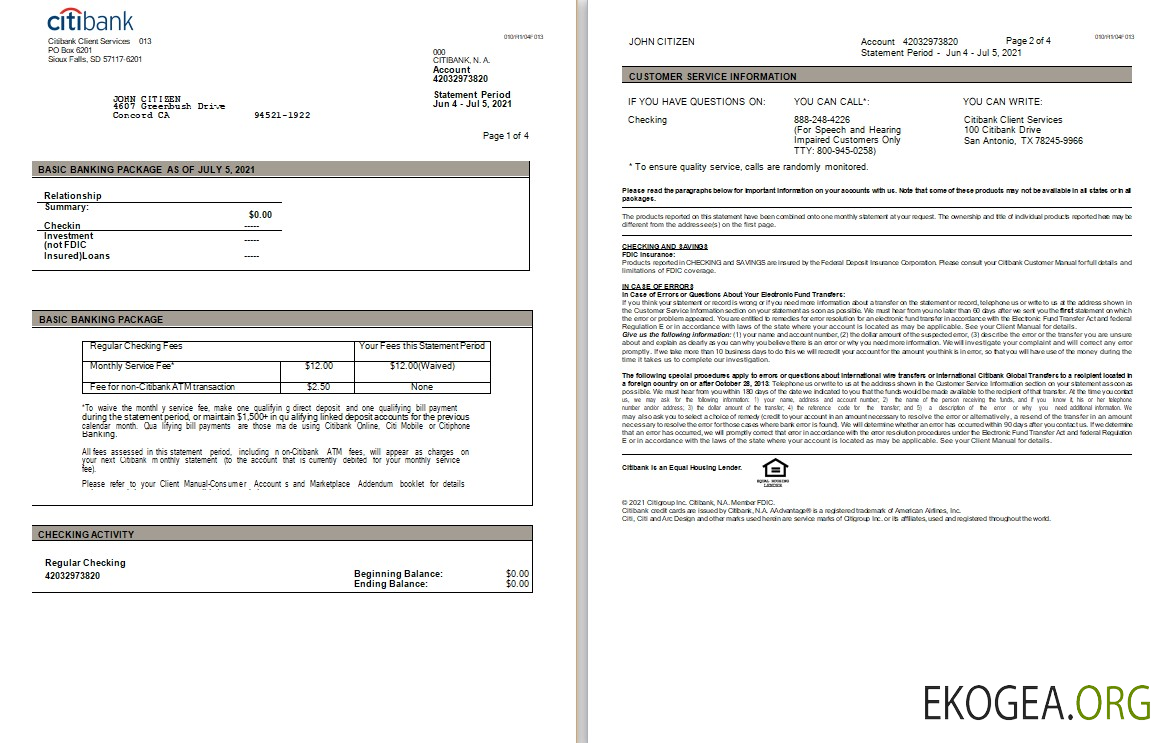 Modèle Word et PDF de relevé Citibank des États Unis, 3 pages